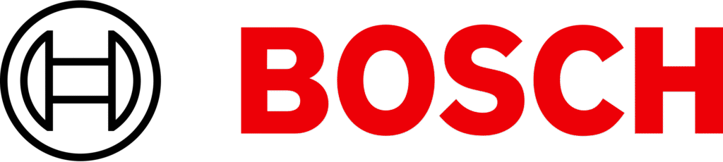 Bosch logo featuring a black circular emblem with an abstract design on the left and the word "BOSCH" in bold red capital letters on the right.