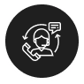 Icon of a customer service representative with a headset, arrows indicating communication, a phone symbol, and a speech bubble, all within a black circle.
