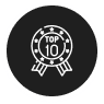 A black circle icon with a white outline of a ribbon badge displaying the text "TOP 10" in the center.