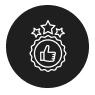 White thumbs-up icon inside a badge with three stars above it, all on a black circular background.