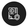 White icon of a document with a copyright symbol and a shield, displayed on a black circular background.