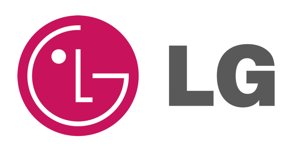 LG logo featuring a pink circle with a stylized "L" and "G" forming a face, next to the bold gray letters "LG" on a white background.
