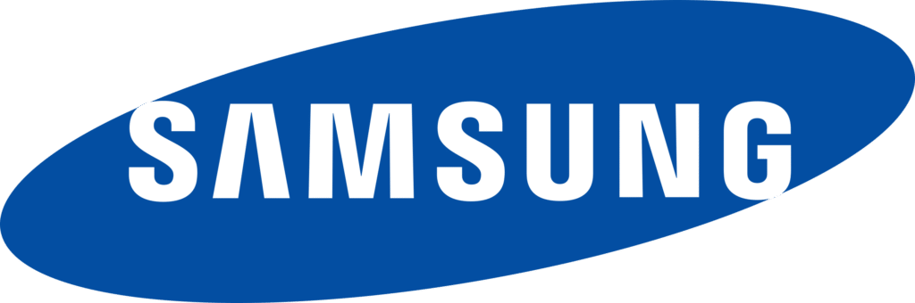 The image shows the Samsung logo with white capital letters on a blue, slanted oval background.
