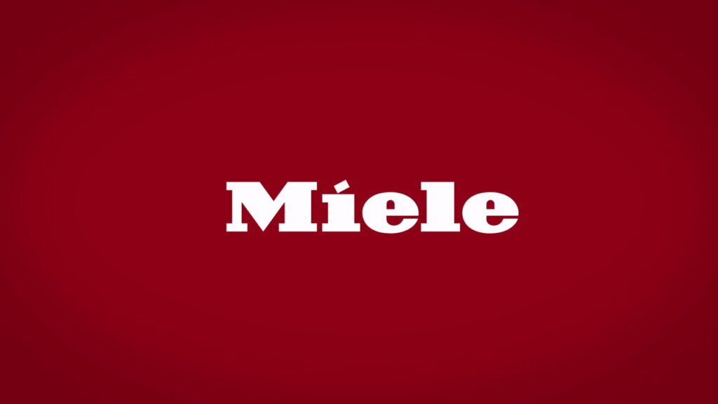 White "Miele" text in bold font centered on a solid red background.